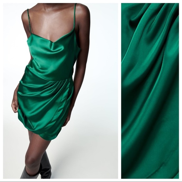 🌹NWT. Zara Satin Effect Green Ruched Mini Dress. Size S - Picture 3 of 13